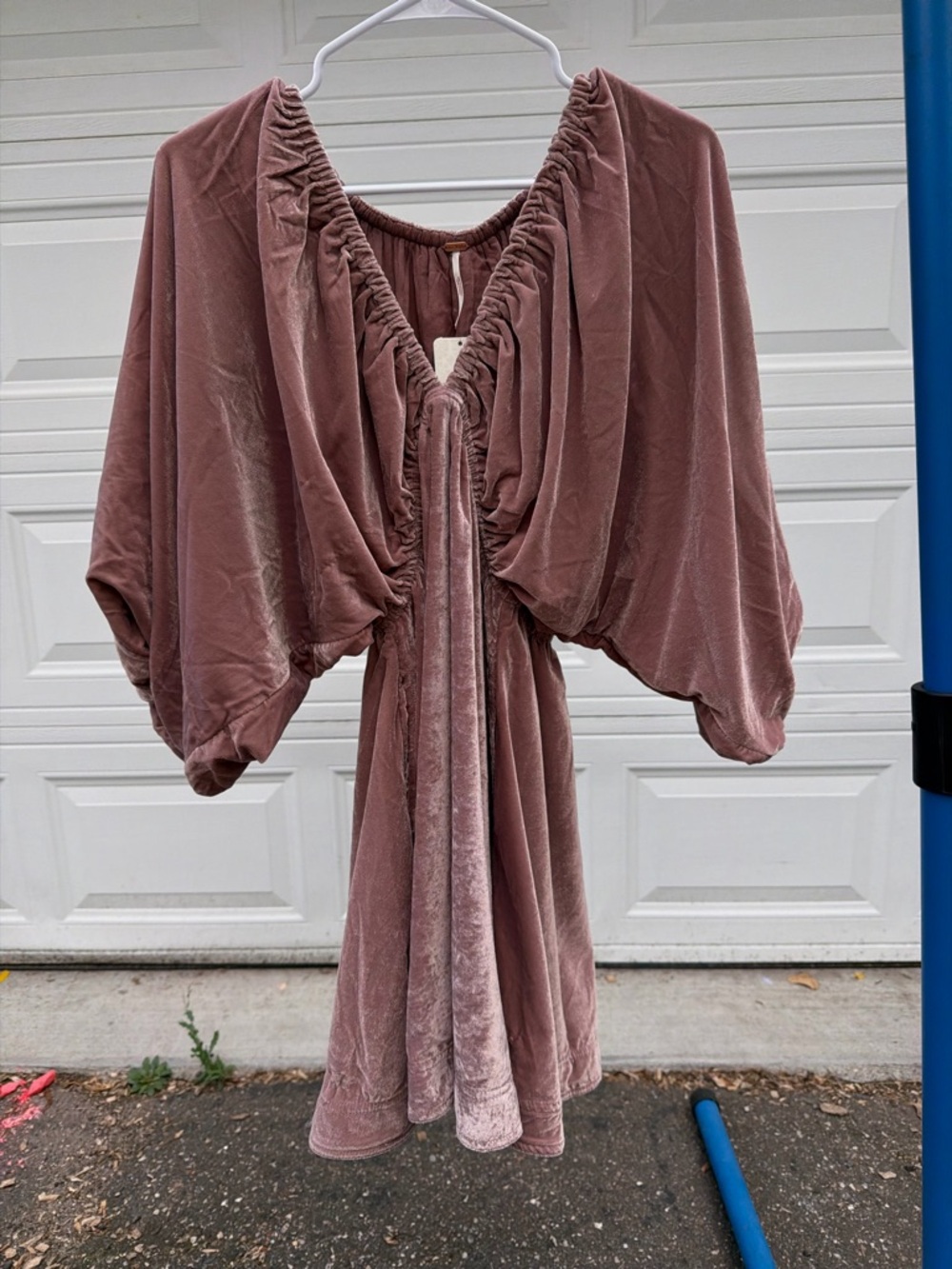Free People Velvet Ruched Puff-Sleeve Mini Dress in Mauve